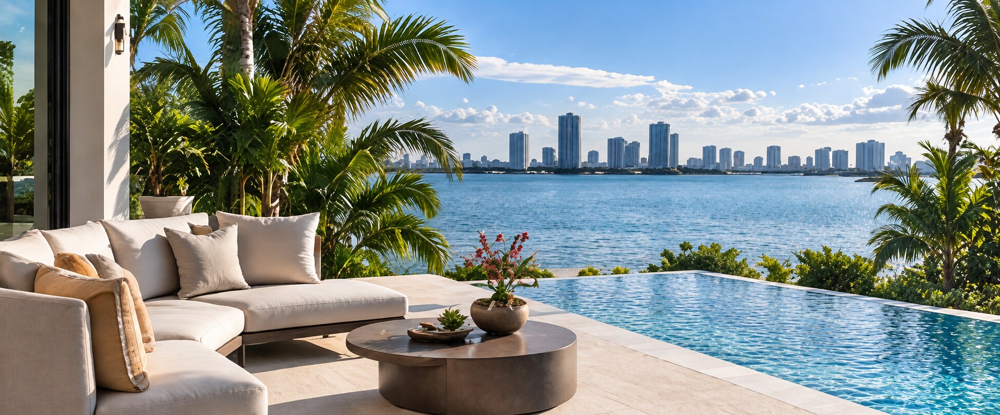 Luxury South Florida waterfront living room and pool